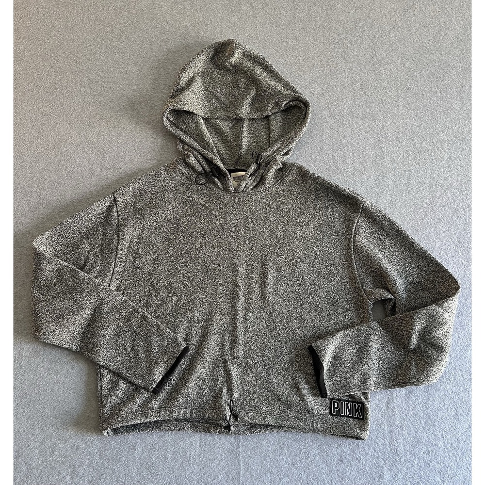 Victoria Secret PINK Hoodie Pullover Gray Sweatshirt M Cropped Drawstring Waist